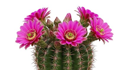 A vibrant green cactus with multiple pink flowers and unopened buds featuring sharp spines and dewdrops against a white background