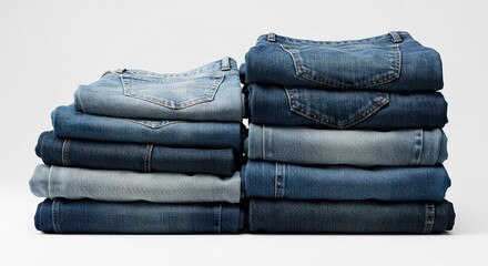 Two stacks of neatly folded blue and gray denim garments are presented against a simple white background