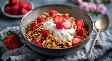 Bowl of granola with yogurt and berries (1)
