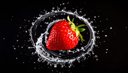 A vibrant water splash and fresh strawberries floating in a spiral on a black background