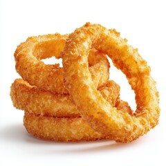 Stack of Golden Crispy Fried Onion Rings on White Background, Delicious Fast Food Snack