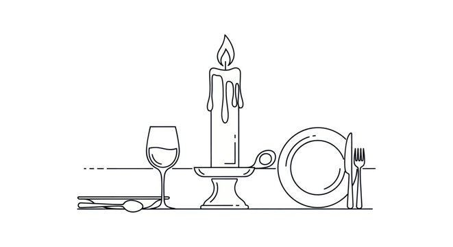 Elegant Dinner Table Setting Line Art with Candle and Wine Glass.
