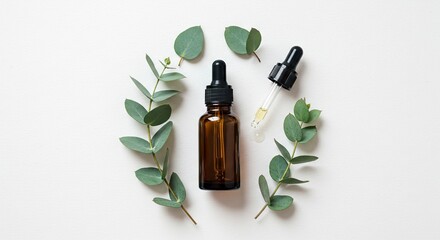 A brown glass dropper bottle and a clear dropper with liquid are centered amidst eucalyptus leaves forming a circle on a white surface