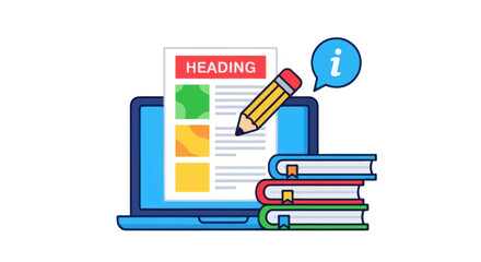 Laptop with Document, Pencil, and Stack of Books Illustrating Online Learning.