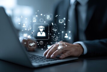 Naklejka premium Businessman using laptop with digital education icons