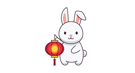 Adorable White Rabbit Holding a Red Lantern. © solikhin