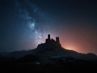 Starry Night Castle Silhouette Against Milky Way