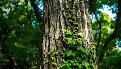 Tree trunk with green ivy vines growing on bark close up in natural light