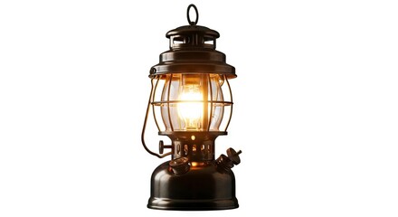 A dark metal lantern with a glowing incandescent bulb inside a glass globe and wire cage featuring a top handle and base knobs set against a plain white background