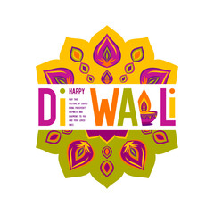 Diwali colorful typography with Diya lamp and mandala decoration on white background, festive design for Happy Diwali celebration greeting card and banner. Vector illustration