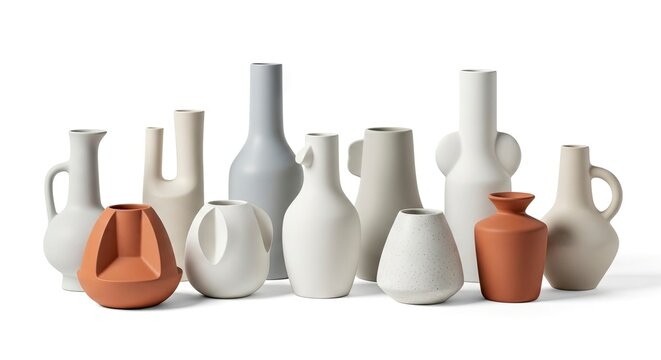 A diverse collection of modern matte ceramic vases and vessels in various neutral tones including white gray beige and terracotta arranged on a bright white surface
