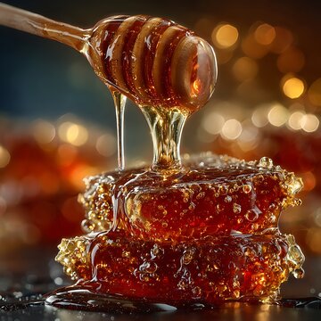Honey Dripping from a Wooden Dipper onto Honeycomb Keywords: honey, honeycomb, dripping, dipper