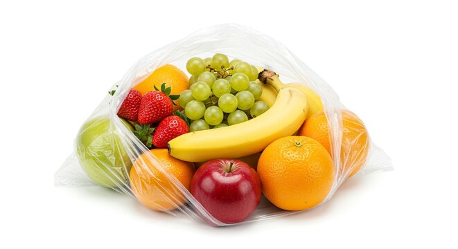 A clear plastic bag filled with fresh fruits including green apples red apples oranges bananas green grapes and red strawberries on a white surface