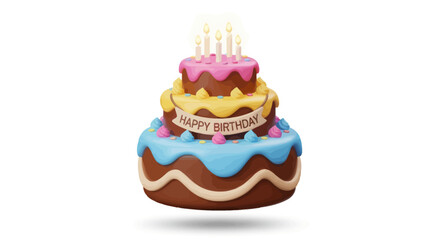Three-Tiered Birthday Cake with Candles and Happy Birthday Banner.