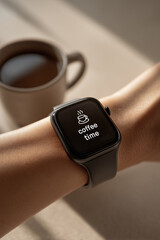 on the hand is a modern smart watch with the text coffee time on the screen
