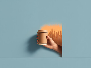 hand holding paper cup of coffee against blue wall with city silhouette
