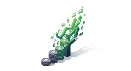 Financial Growth Concept Depicted with Stacks of Coins and Arrow.