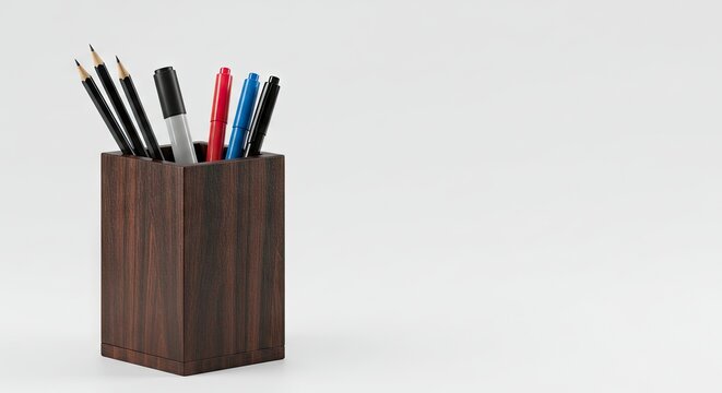 A dark wooden desk organizer holds multiple pencils a marker and various colored pens against a plain light background