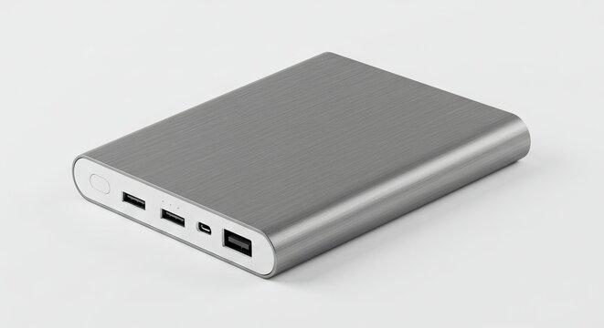 A grey rectangular portable electronic device with a brushed metal finish showing USB ports and a button on a white background