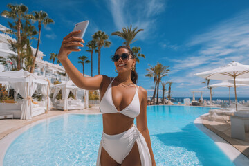 Happy woman in a bikini taking a selfie by the pool
