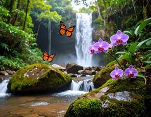 Tropical waterfall in rainforest with butterflies and orchids landscape