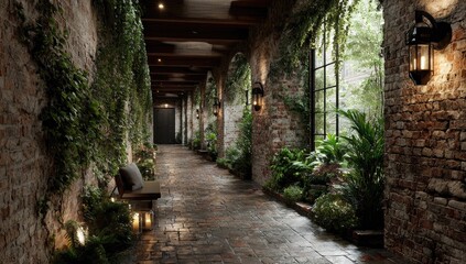 Fototapeta premium Rustic hallway with lush greenery