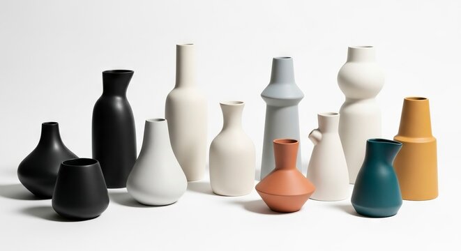 A group of ceramic vases in various matte colors and sculptural forms are arranged on a white surface with a clean background - Powered by Adobe