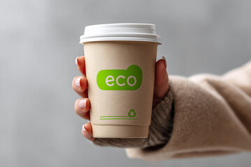 woman's hand in coat holding paper cup with Eco inscription and recycling sign
