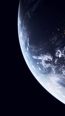 Planet Earth illuminated at night, showcasing city lights and natural phenomena from orbit in space.