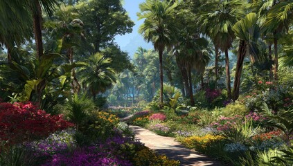 Fototapeta premium Lush tropical path lined with vibrant flowers and palm trees