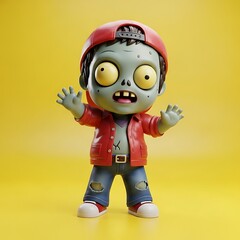 Zombie Figure with Red Jacket and Jeans on Yellow Background