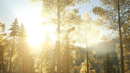 Warm rays of sunlight burst through the canopy, illuminating vibrant autumn leaves in a serene forest. Nature thrives as shadows dance and the air feels crisp and refreshing.