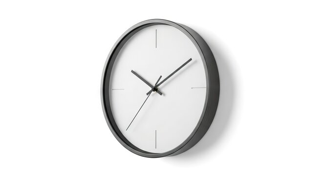 A minimalist wall clock with a dark gray frame and white face featuring simple black hands and four markers viewed at an angle on a white background with a shadow