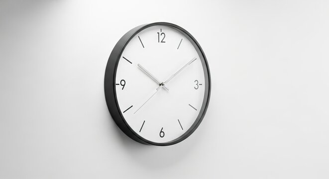 A minimalist analog clock with a black frame and white face hangs on a plain white wall displaying black numbers and markers with silver hands