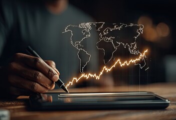 Close-up of a person's hand drawing a rising global graph on a tablet