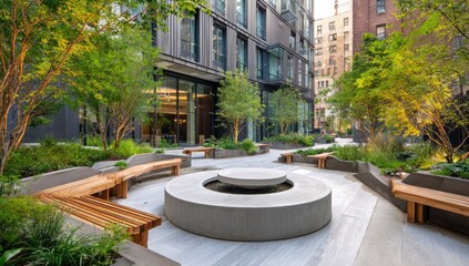 Modern courtyard with lush greenery and seating
