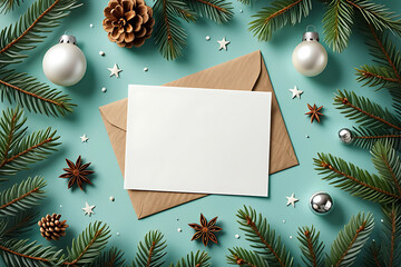 Christmas card mockup with fir branches and decorations on a blue background.