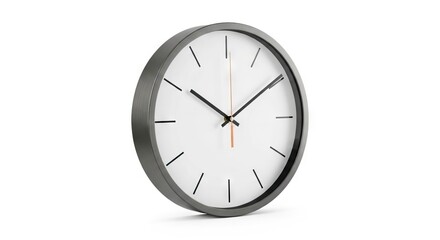 A modern round clock features a dark gray brushed metal frame a white face black hourminute hands and a gold second hand