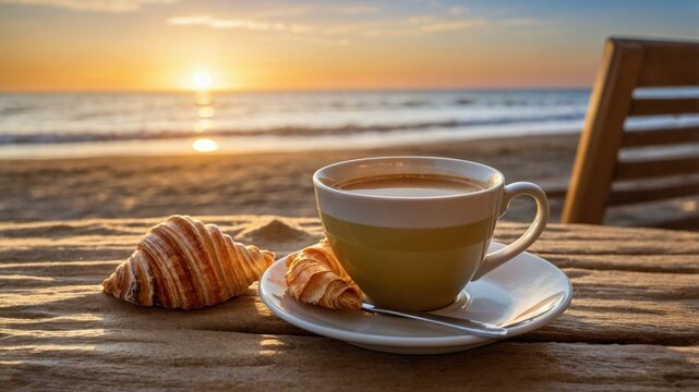 Serene morning scene with coffee and croissant on a beachside table at sunrise, waves in background