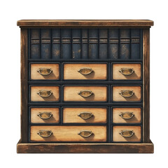 Antique wooden cabinet with drawers and labeled compartments showcasing vintage storage and organizational design for collectors and enthusiasts on transparent background