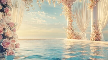 Romantic seascape ceremony adorned with blooms and ethereal drapes, evoking dreams and serenity