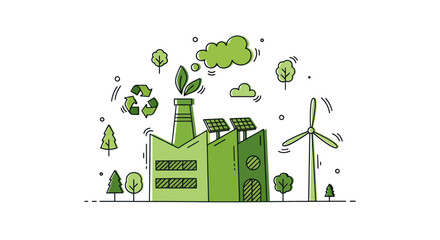 Doodle sketch of a sustainable green factory using renewable energy from solar panels and a wind turbine. © Ilma