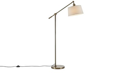 Obraz premium A metallic adjustable floor lamp with a white fabric shade and a round base A black power cord with a foot switch rests on the white floor