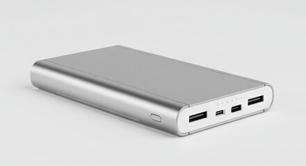 A metallic gray portable charging device with rounded ends and multiple USB ports sits on a white surface