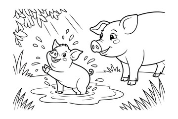 Cartoon Piglet Playing in Puddle with Parent Coloring Page, Farm Animal Illustration, Outlined Pig, Kids Activities, Coloring Book, Fun for Children