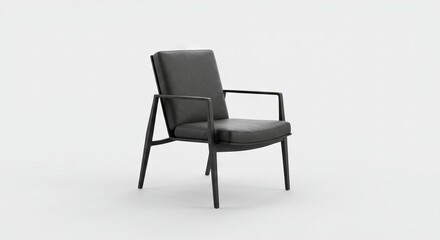 Fototapeta premium A modern dark gray upholstered armchair with a minimalist angular frame on a stark white background