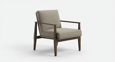 A modern armchair with a dark wood frame and light fabric upholstery featuring exposed arms and legs on a clean white background