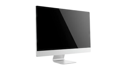 A modern display monitor with a sleek silver stand and a dark reflective screen is angled on a white background