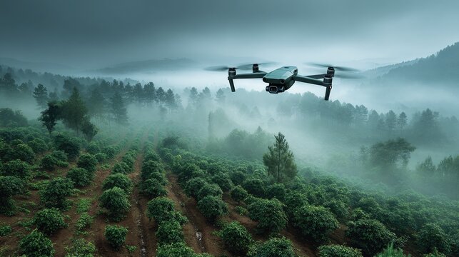 Drone flying over misty coffee plantation