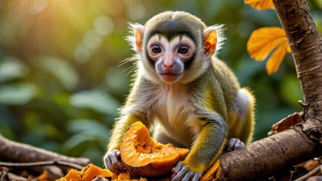 Curious monkey holding a piece of pumpkin amidst vibrant foliage in a lush forest setting